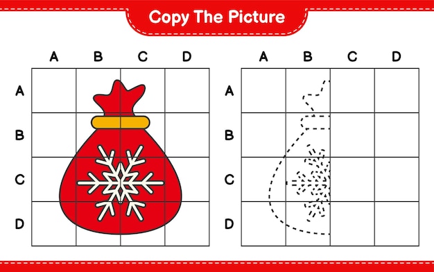 Skopiuj Zdjęcie, Skopiuj Zdjęcie Torby świętego Mikołaja Za Pomocą Linii Siatki. Gra Edukacyjna Dla Dzieci, Arkusz Do Druku