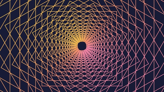 Skręcone linie gradientu czworokątnej ramki Wektorowy tunel 3d wykonany z geometrycznych kształtów Abstrakcyjna spirala graficzna na ciemnym tle