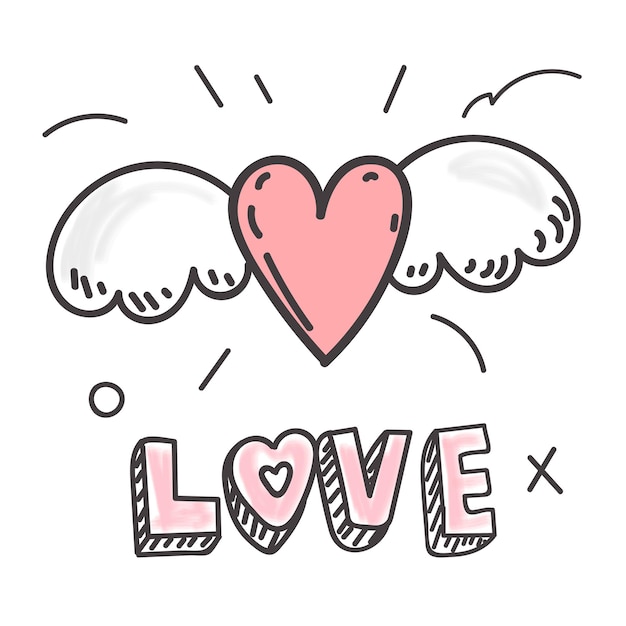 Skrzydlaty serce i napis Love Romantic doodle design na Walentynki ikona symboli kartkę z życzeniami