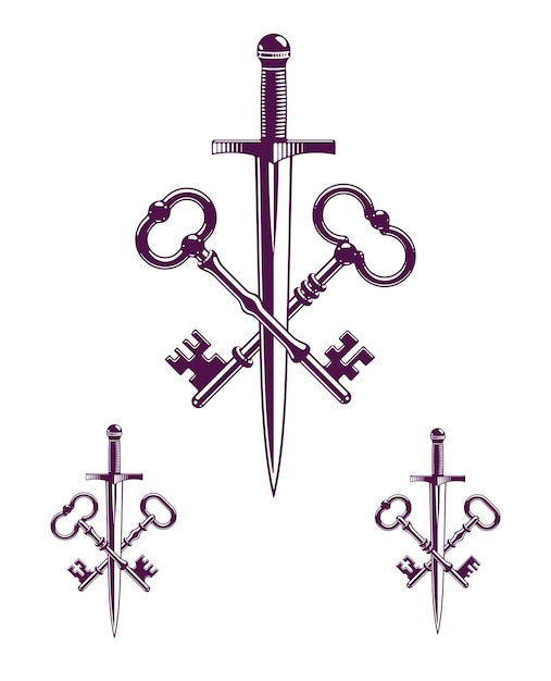 Plik wektorowy skrzyżowane klucze i godło symbol wektor sztylet, pod klucz i miecz, chronione tajemnice, zabezpieczone zasilanie, starożytne vintage logo lub godło.