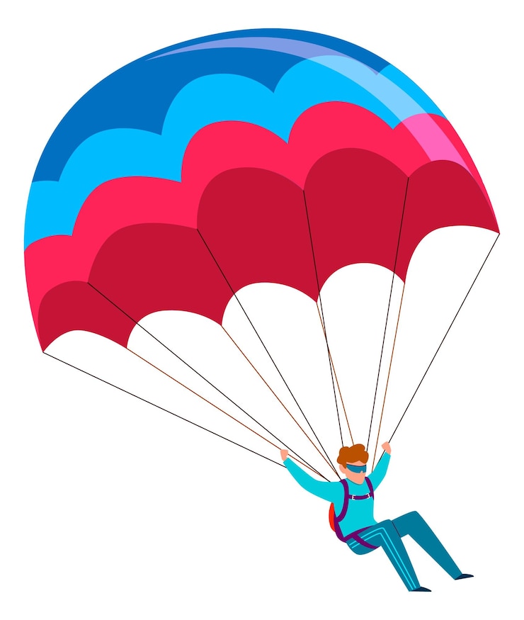 Wektor skydiver man with open parachute flying in sky falling from airplane extreme dangerous sport or hobby professional skydiving and parachuting cartoon flat isolated vector illustration