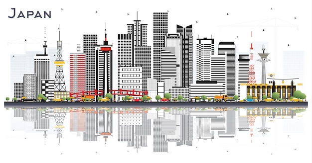 Skyline miasta japońskiego z szarymi budynkami i odbiciami Izolowany na białym ilustracji wektorowej Koncepcja turystyczna z historyczną architekturą Krajobraz miejski z zabytkami Tokio Osaka Nagoya Nagano