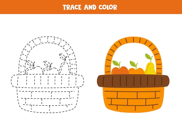 Śledź I Pokoloruj ładny Ręcznie Rysowany Kosz Z Owocami Arkusz Dla Dzieci