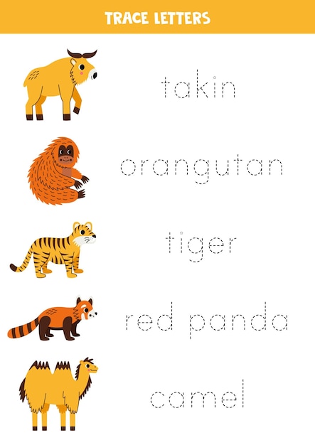 Śledź Imiona Słodkich Azjatyckich Zwierząt ćwiczenie Pisma Dla Dzieci W Wieku Przedszkolnym
