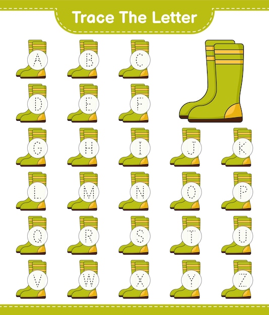 Plik wektorowy Śledź literę śledzenie alfabetu liter z gumowymi butami gra edukacyjna dla dzieci do druku ilustracji wektorowych arkusza