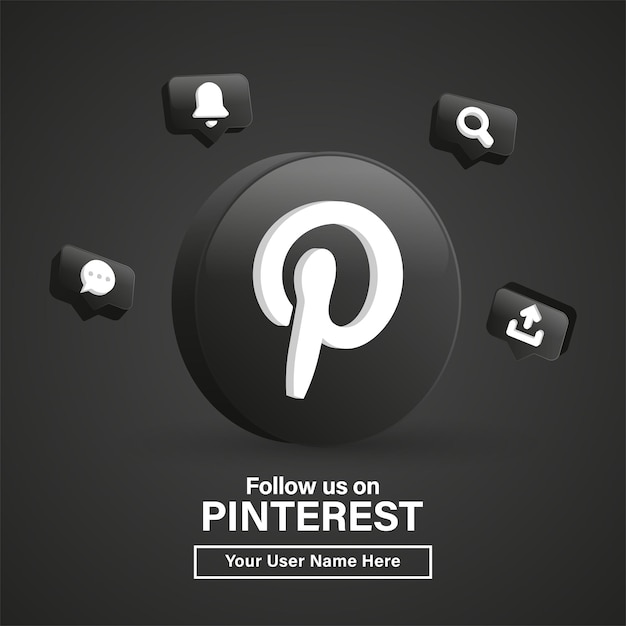 Plik wektorowy Śledź nas na logo 3d na pintereście w nowoczesnym czarnym kółku, aby uzyskać ikony mediów społecznościowych lub dołącz do nas baner