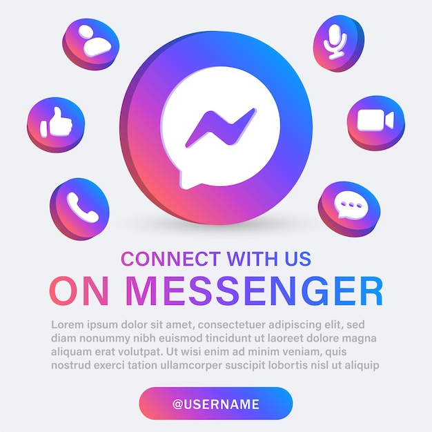 Śledź Nas Na Logo Messenger Mediów Społecznościowych W Okręgu 3d Z Ikonami Powiadomień I Dołącz Do Nas Baner