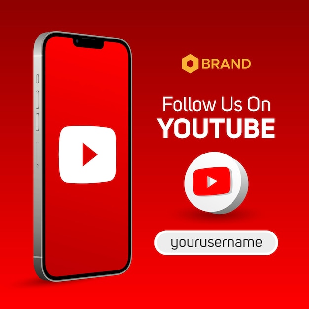 Plik wektorowy Śledź nas na youtube ilustracja 3d logo nazwa użytkownika makieta ekranu smartfona baner post w mediach społecznościowych