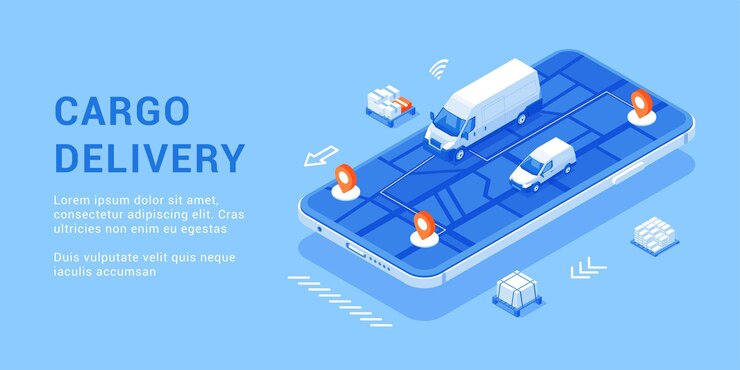 Śledzenie dostawy ładunku aplikacja na smartfona online usługa map GPS izometryczny wektor bannera
