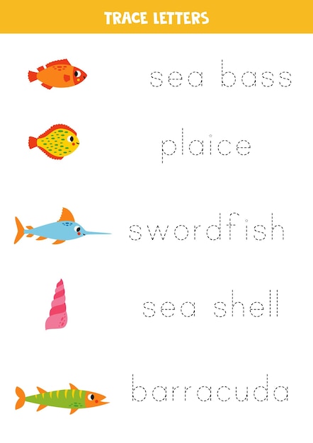 Śledzenie Liter Z Uroczymi Zwierzętami Morskimi ćwiczenie Pisania