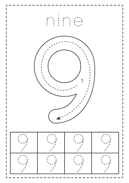 Śledzenie Numer Dziewięć Arkusz Przedszkolny Czarno-biały
