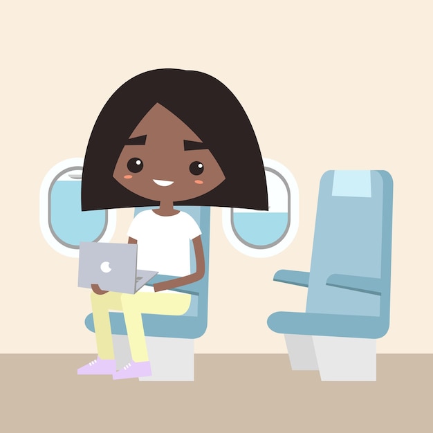 Śliczna Czarna Dziewczyna Siedzi W Płaskiej Ilustracji Samolotu