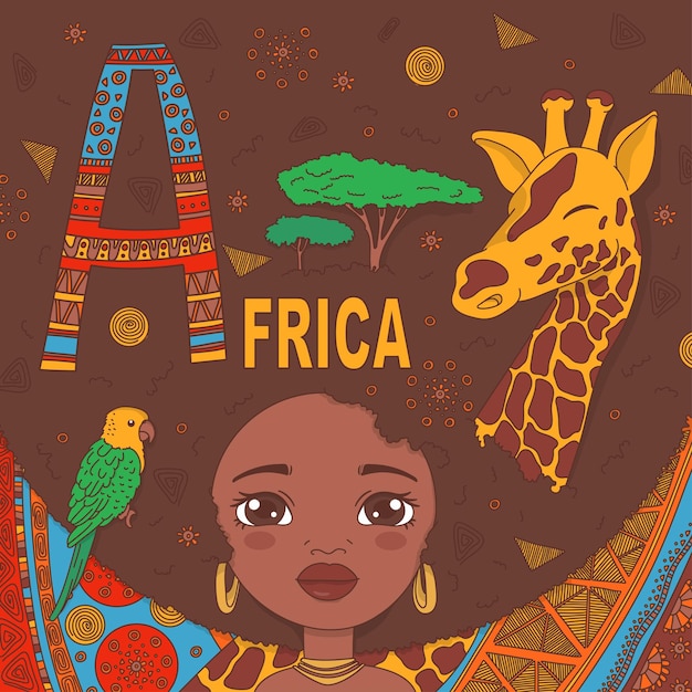 Śliczna Czarna Dziewczyna Z żyrafą I Etnicznymi Afrykańskimi Wzorami Narysowanymi W Stylu Doodle