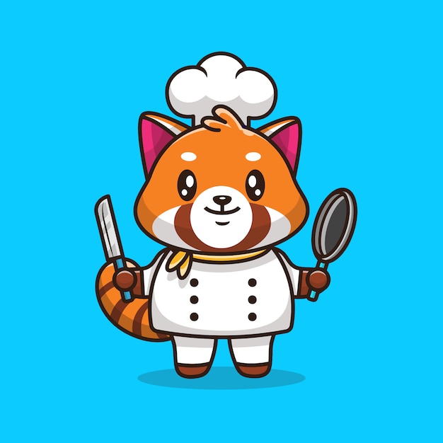 Śliczna Czerwona Panda Szefa Kuchni Ikony Ilustracja. Płaski Styl Kreskówek
