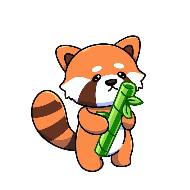 Śliczna Czerwona Panda Z Bambusem - Postać Z Kreskówki - Ilustracja Wektorowa