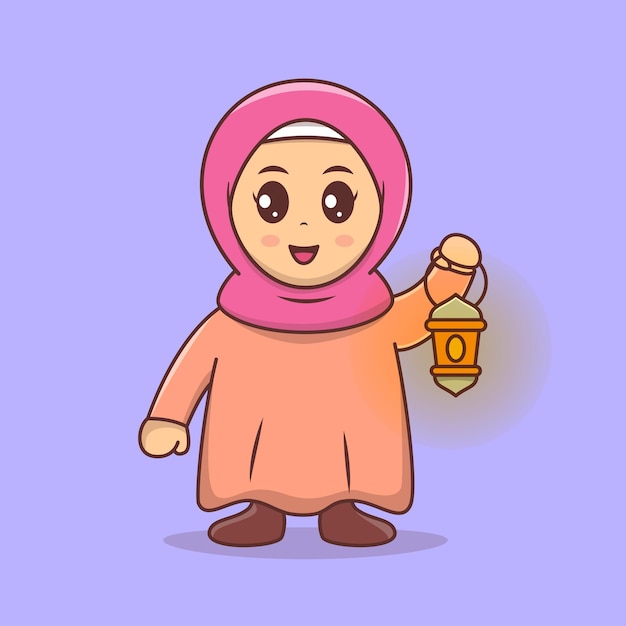 Śliczna dziewczyna hidżab przyniesie latarnię świętującą ramadan mubarak eid mubarak ilustracja kreskówka wektor