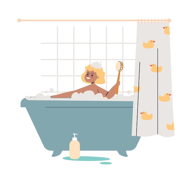 Plik wektorowy Śliczna dziewczyna malucha biorąc kąpiel. małe dziecko myjące się w wannie w łazience z mydłem i pianką