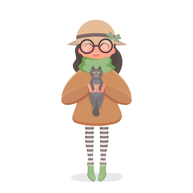 Plik wektorowy Śliczna dziewczyna w kapeluszu i okularach trzyma w rękach kota. nadaje się do projektowania pocztówek i książek. odosobniony. ilustracja wektorowa.
