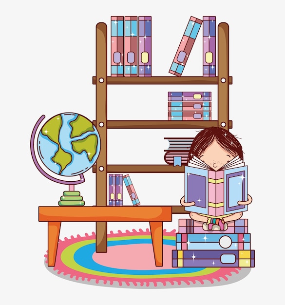 Plik wektorowy Śliczna dziewczyna z książkami wśrodku pokojowych kreskówek