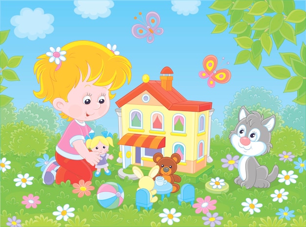 Śliczna dziewczynka bawi się małą lalką, misiem, królikiem i domkiem z zabawkami wśród kwiatów