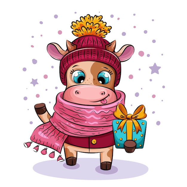 Plik wektorowy Śliczna figlarna krowa w czapce i szaliku daje świąteczny prezent. ilustracja wakacje, symbol 2021 roku. świąteczny charakter.