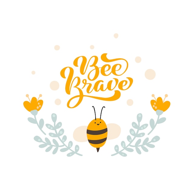 Plik wektorowy Śliczna gruba mała pszczoła z łyżką w stylu doodle tekst bee brave