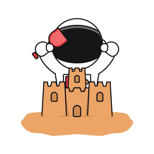 Plik wektorowy Śliczna ilustracja postaci astronauty tworzącego zamek z piasku na białym tle