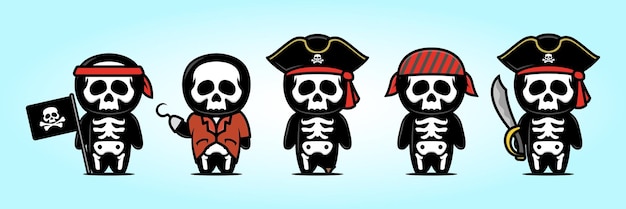 Śliczna Ilustracja Projekt Maskotki Czaszki Z Zestawem Motywów Piratów