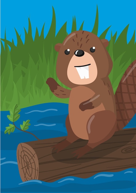 Śliczna ilustracja wektorowa bobra z leśnym elementem projektu zwierząt na baner ulotki afisz kartkę z życzeniami stylu cartoon