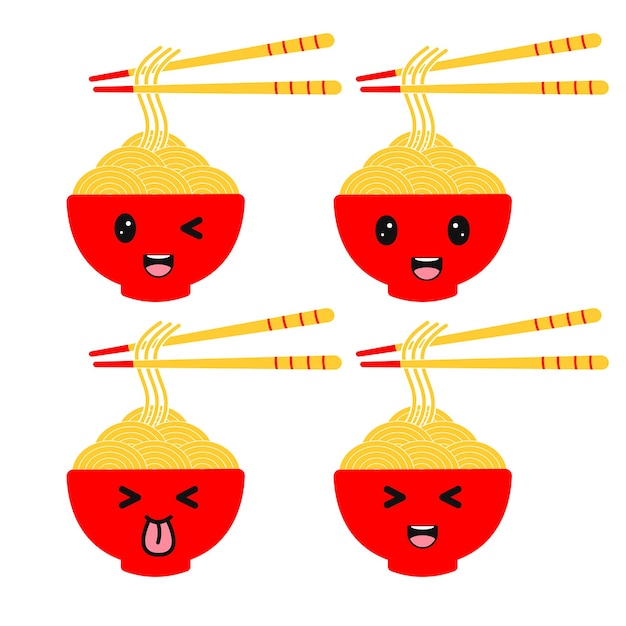 Śliczna kawaii czerwona miska z makaronem, ramen z oczami i emoji uśmiechu. Ilustracja wektorowa Płaska konstrukcja