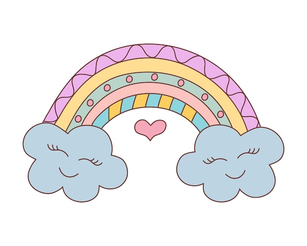 Śliczna kawaii doodle tęcza z chmurami Ręcznie rysowane ilustracja kolorowy wektor
