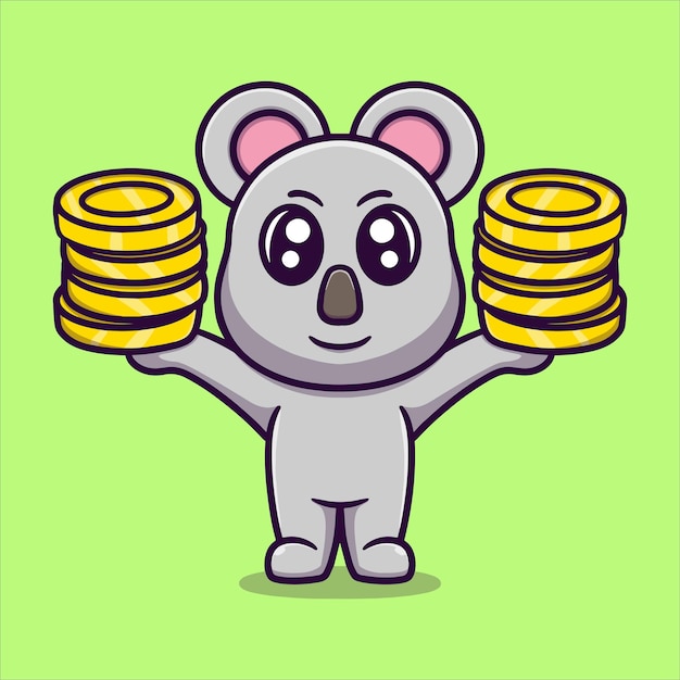 śliczna koala trzymająca złote monety kreskówka wektor ikona ilustracja