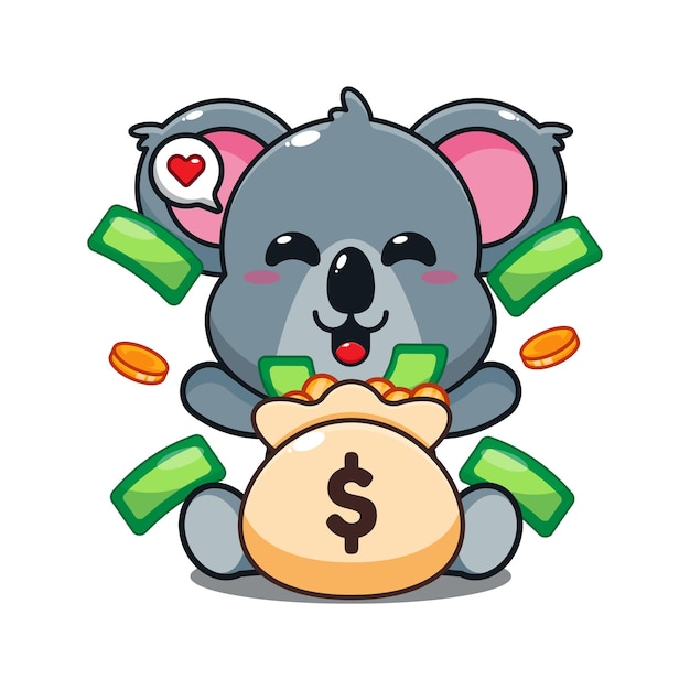 śliczna koala z ilustracją wektora kreskówki worek pieniędzy