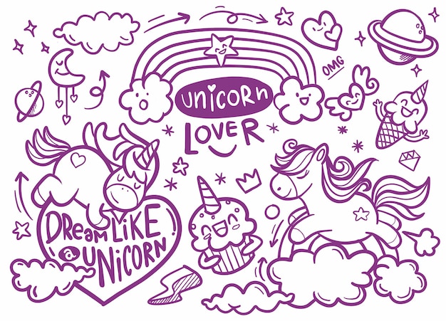 Śliczna kolekcja jednorożca i kucyka z magicznymi przedmiotami, tęczą, wróżkami, kryształami, chmurami, miksturą. Do projektowania kolorowanek. Ilustracje wektorowe gryzmoły.