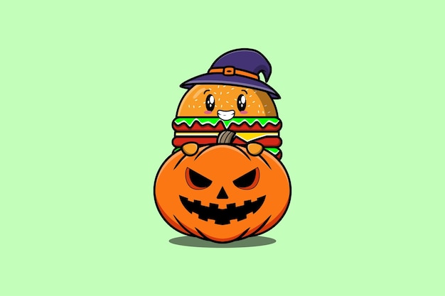 Śliczna Kreskówka Ilustracja Burger Postać Ukrywająca Się W Przerażającym Dyniowym Halloween