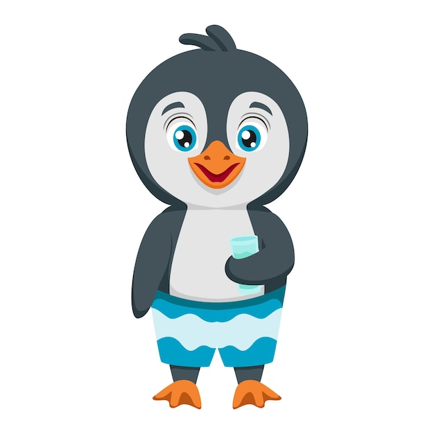 Śliczna Kreskówka Pingwina Trzymająca Drinka