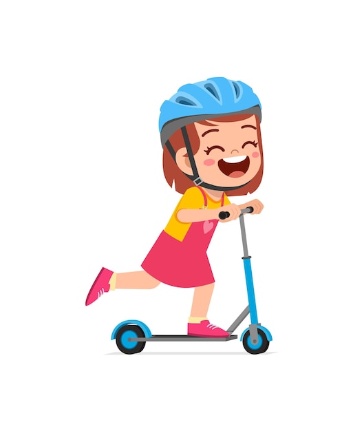 Plik wektorowy Śliczna mała dziewczynka jeździ na hulajnodze i nosi kask