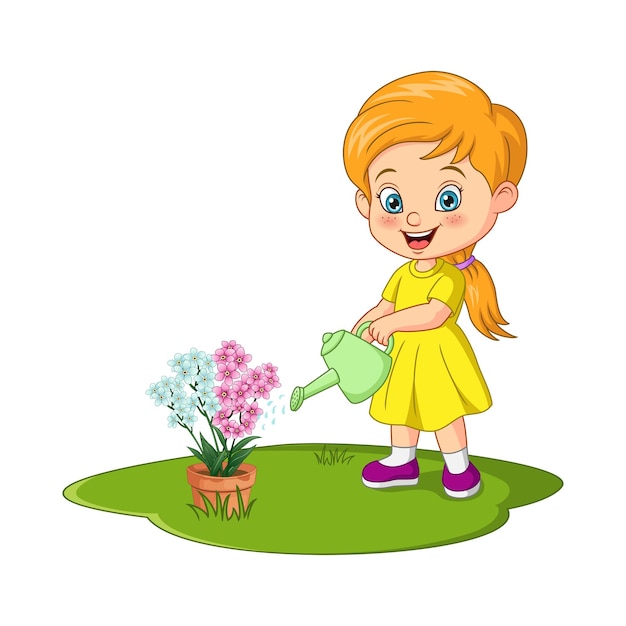 Plik wektorowy Śliczna mała dziewczynka podlewa kwiaty