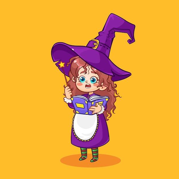Śliczna Mała Dziewczynka W Stroju Wiedźmy Trzymająca Magiczną Księgę Na Halloween