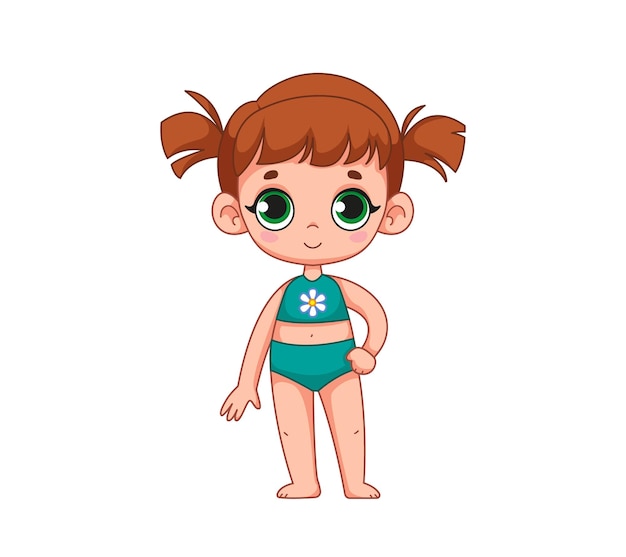 Śliczna mała dziewczynka w zielonym kostiumie kąpielowym Ilustracja dla dzieci przedstawiająca dziecko w ubraniach