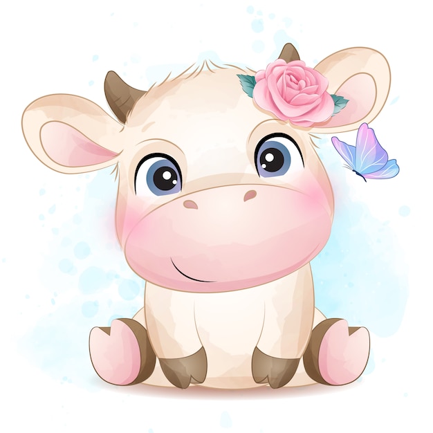 Śliczna mała krowa z akwareli ilustracją
