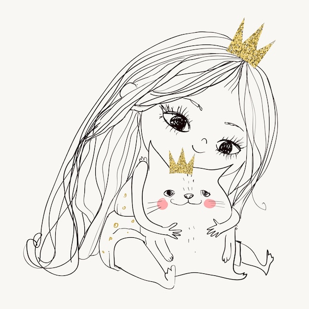 Plik wektorowy Śliczna mała urocza księżniczka z kotkiem