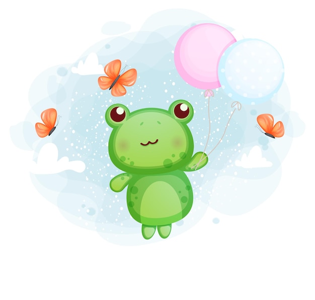 Śliczna Mała żaba Latająca Z Balonem