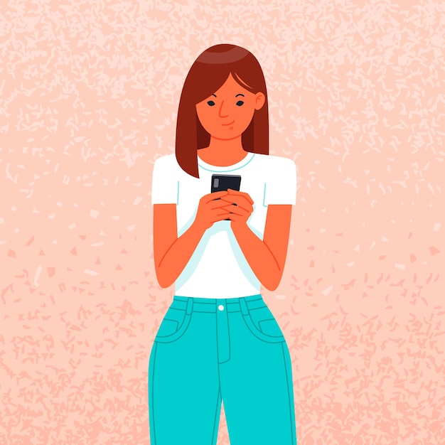 Plik wektorowy Śliczna młoda kobieta używa smartfona. dziewczyna trzyma gadżet. rozrywka w sieciach społecznościowych.