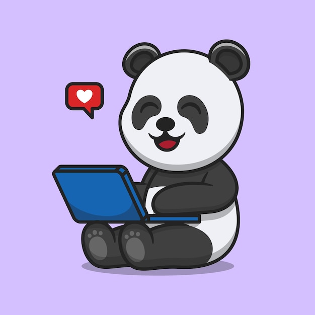 Śliczna Panda Pracuje Na Laptopie Kreskówka Wektor Ikona Ilustracja