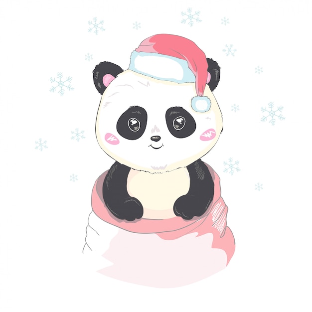 Śliczna Panda W Santa Kapeluszu W Czerwonej Torbie Z Prezenta Wektorowym Wizerunkiem Odizolowywającym. Kreskówka Miś Panda Wychodzi Z Worka świętego Mikołaja. Zabawny świąteczny Niedźwiedź Dla Dzieci. Wesołych świąt I Szczęśliwego Nowego Roku.