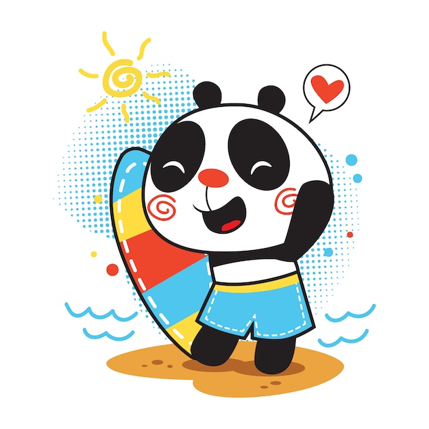 Plik wektorowy Śliczna pandy kreskówki ilustracja z kipieli deską w plaży