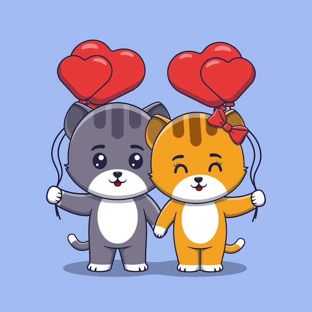 Plik wektorowy Śliczna para kotów walentynkowych trzymających balony w kształcie serca