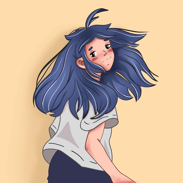 Śliczna Piękna Dziewczyna Z Niebieskimi Włosami Uśmiechnięta Ilustracja Anime