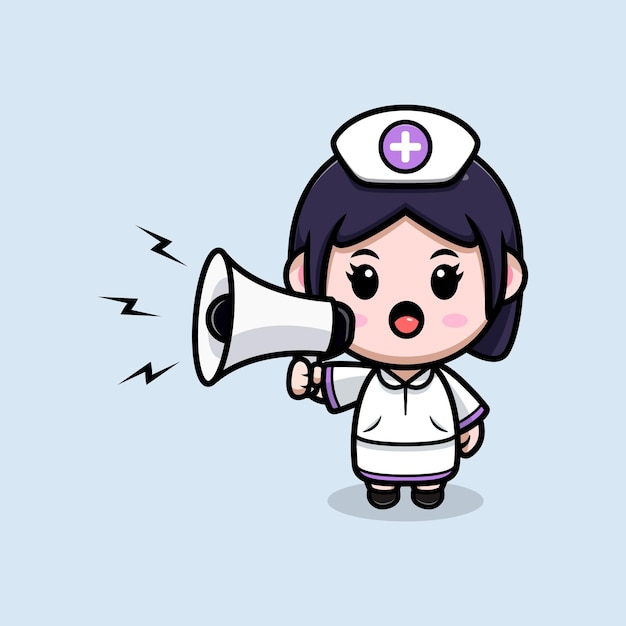 Śliczna Pielęgniarka Przemawiająca Na Ilustracji Postaci Z Kreskówki Kawaii Megafon
